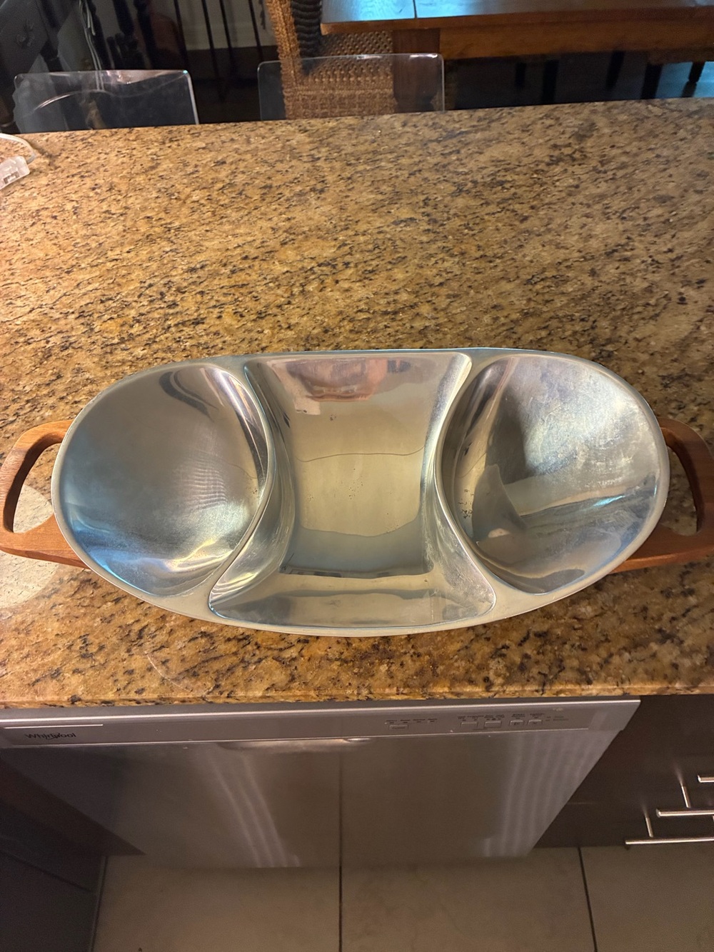 Nambe  3 part divided bowl with wood handled holder